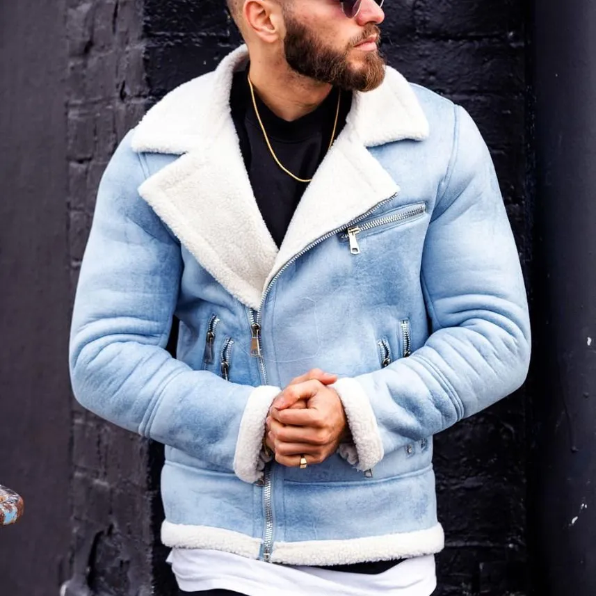 Heavy Cashmere Motorcycle Leather Jacket Light Blue