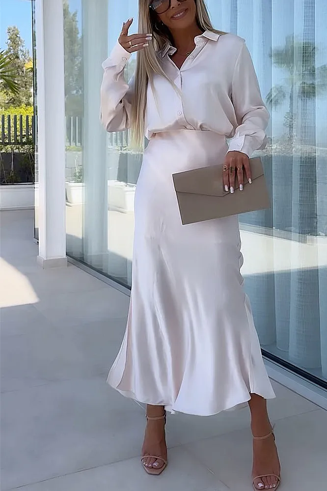 Women's solid color satin V-neck shirt and half skirt two-piece set