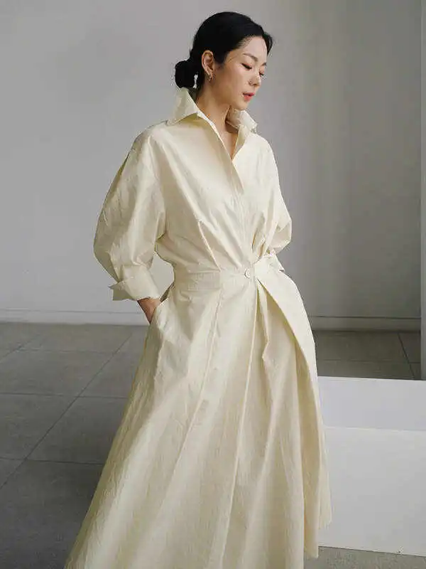 Original Solid Color Lapel Long Sleeves Midi Dress