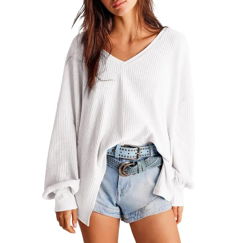 Women's Waffle Knit Top – V-Neck Oversized Lantern Sleeve Blouse