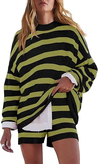 Womens Oversized Lounge Sets 2 Piece Outfits Striped Matching Pajama Set Long Sleeve Sweater Set