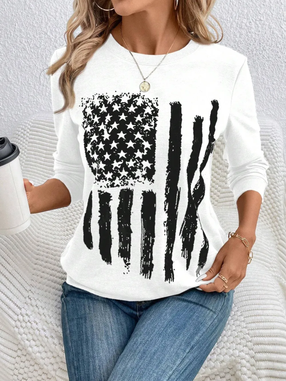 Women's Casual US Flag Print Loose Fit Round Neck Long Sleeve Sweatshirt, Spring Autumn