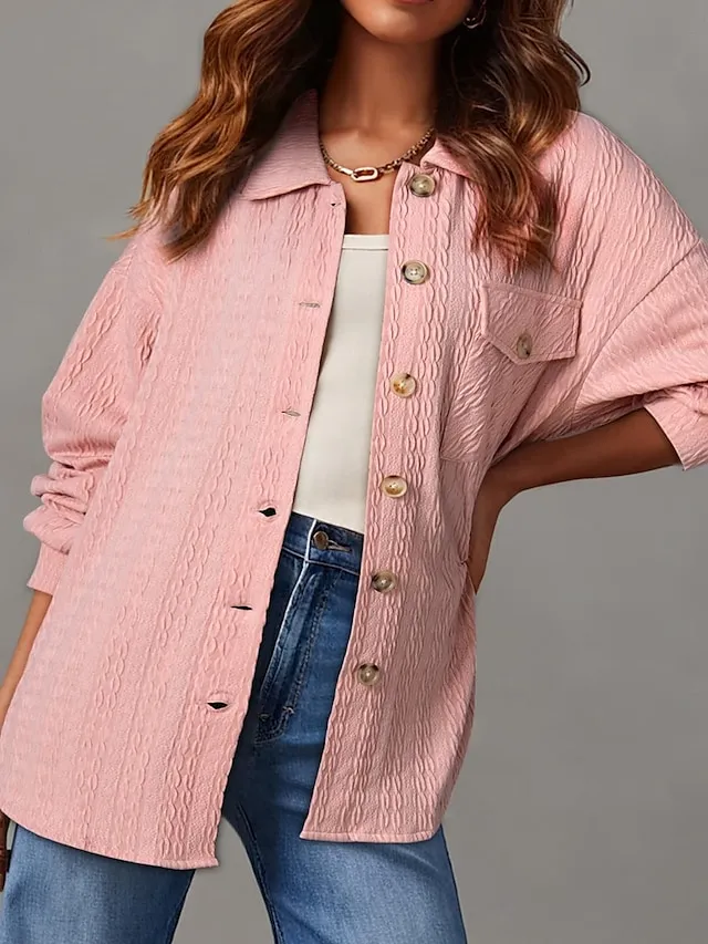 Women's Vacation Button Solid Color Breathable Fashion Loose Fit Outerwear Long Sleeve Spring