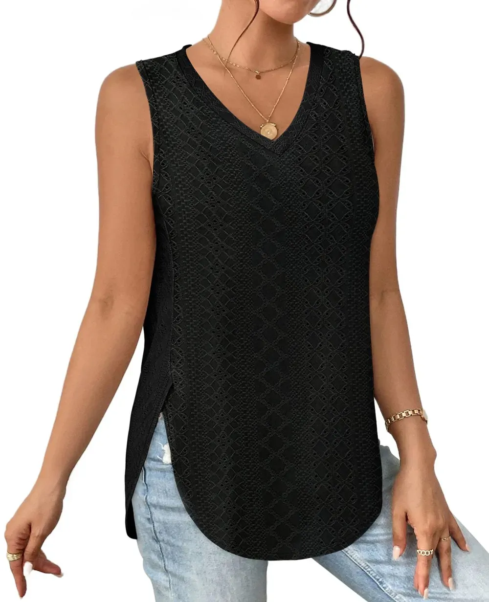 ✨ Womens V Neck Eyelet Embroidery Casaul Sleeveless Shirts