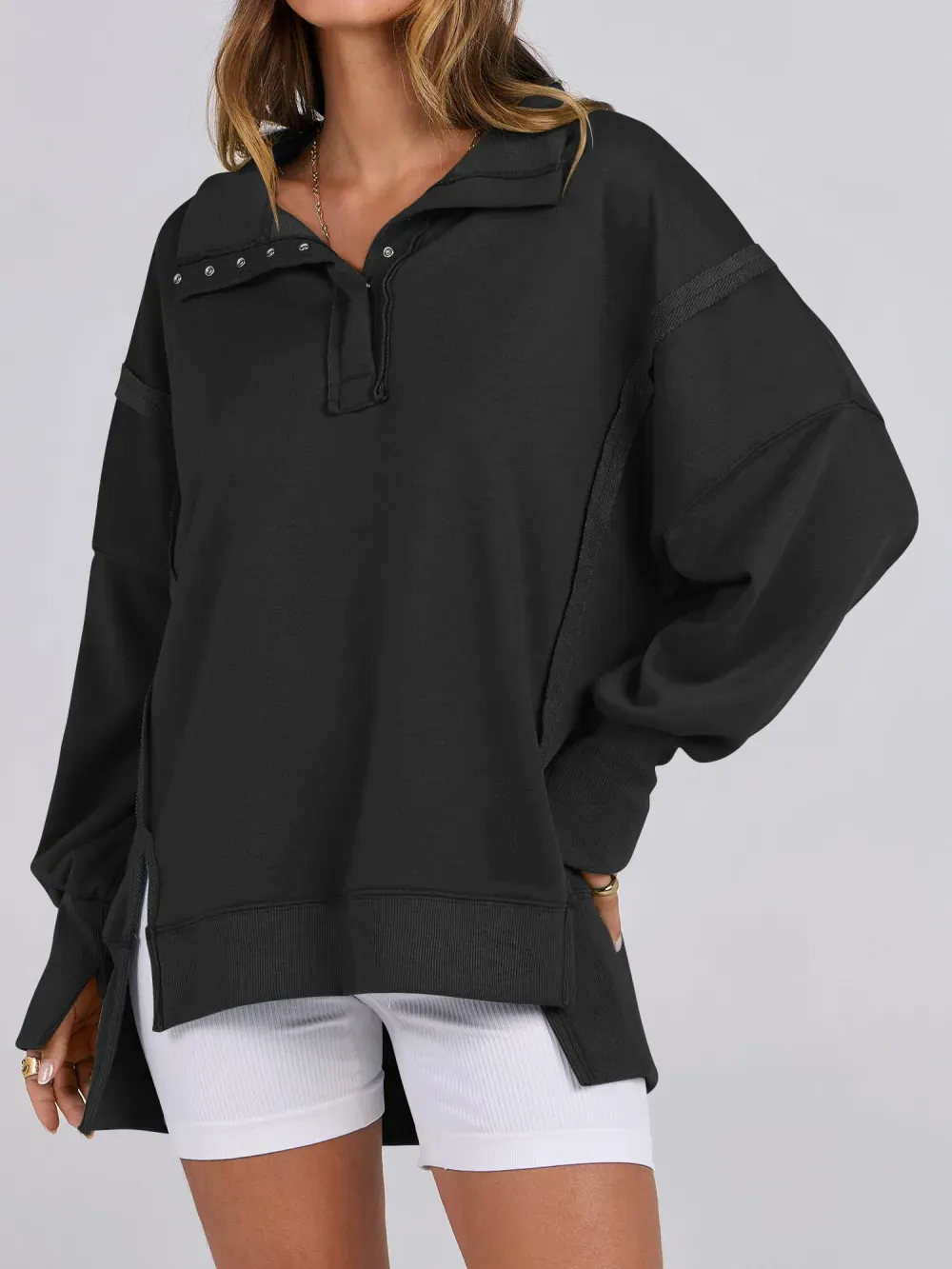 ✨Women's Oversized High Low Split Button Up Henley Pullover Top
