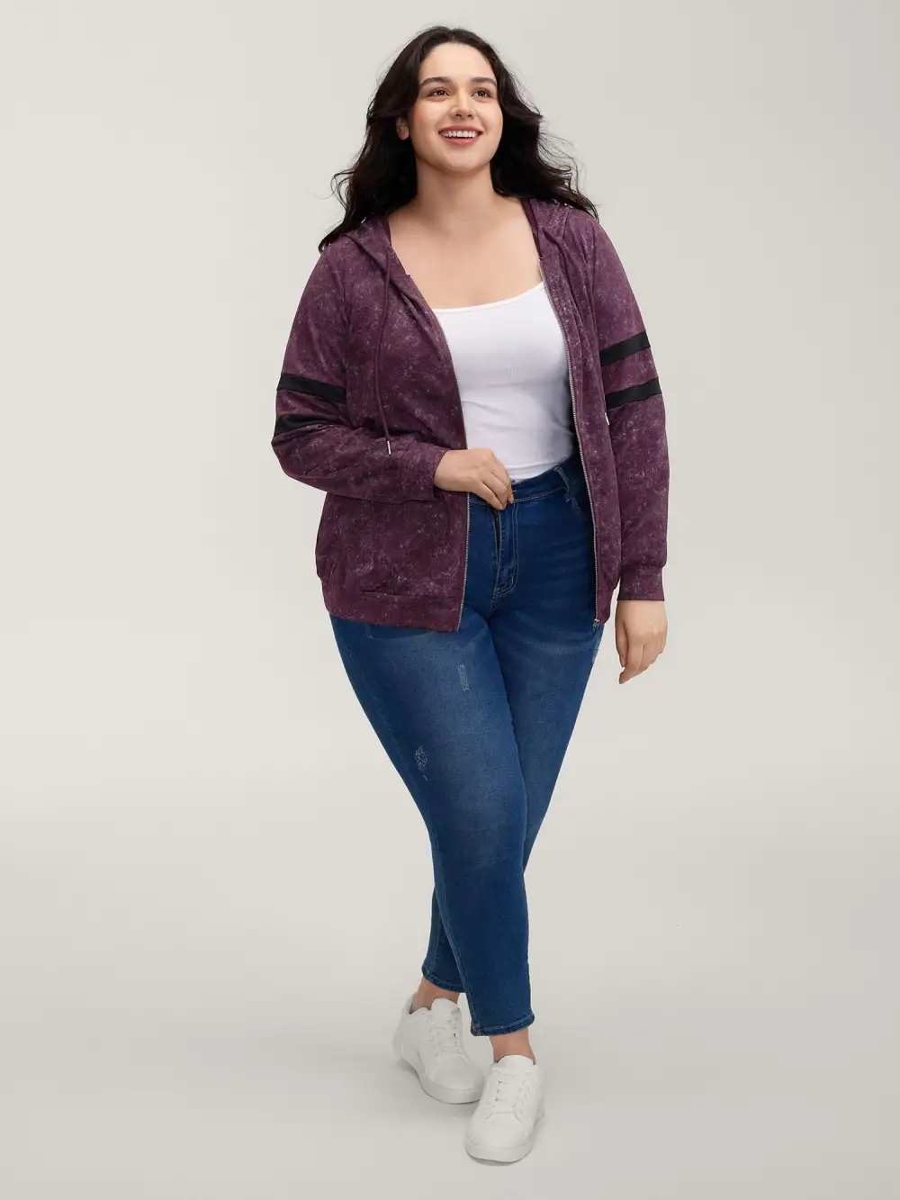 Stripe Sleeve Zipper-Front Pockets Jacket