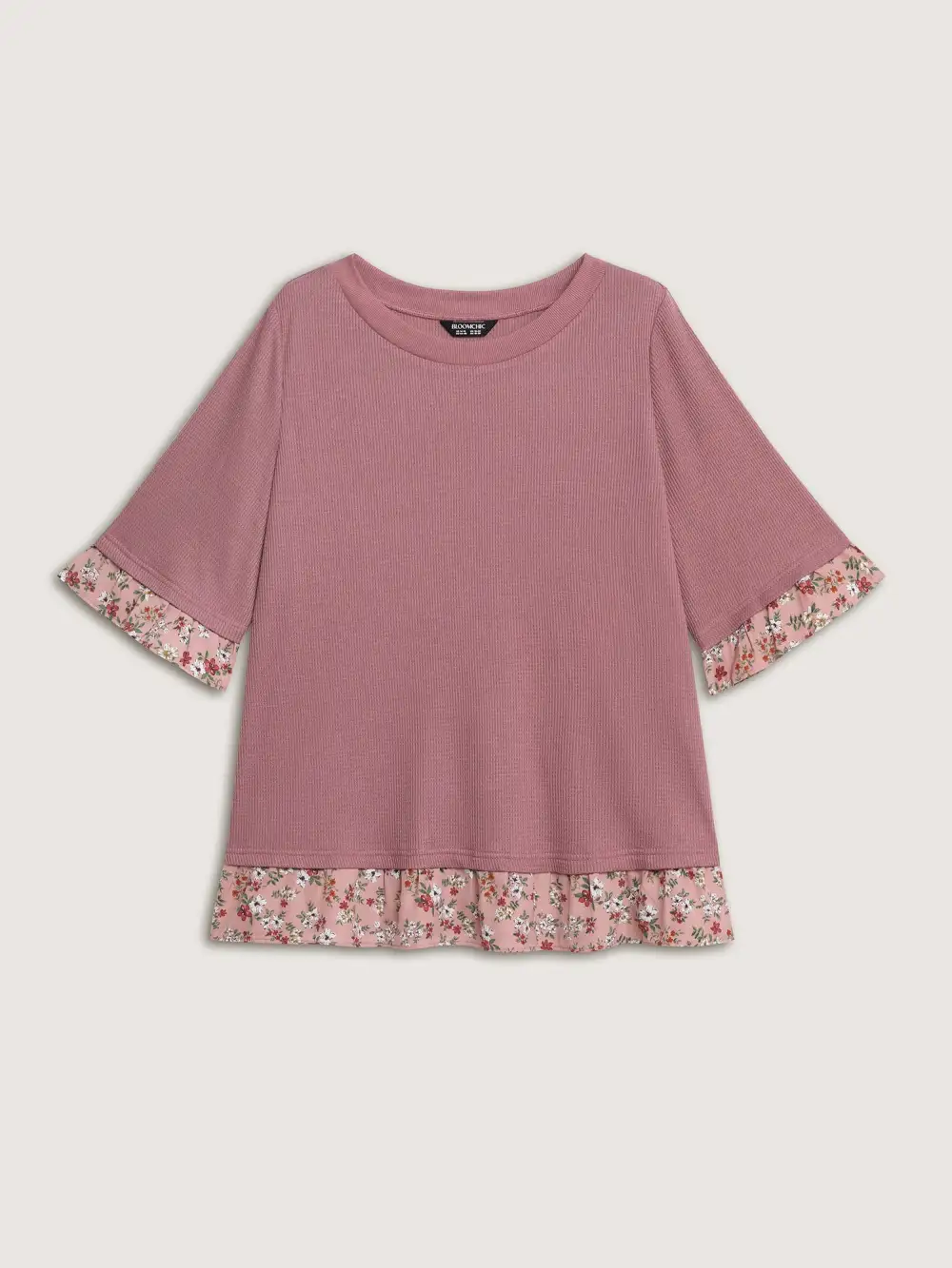 Ribbed Floral Patchwork Ruffled Sleeve T-Shirt