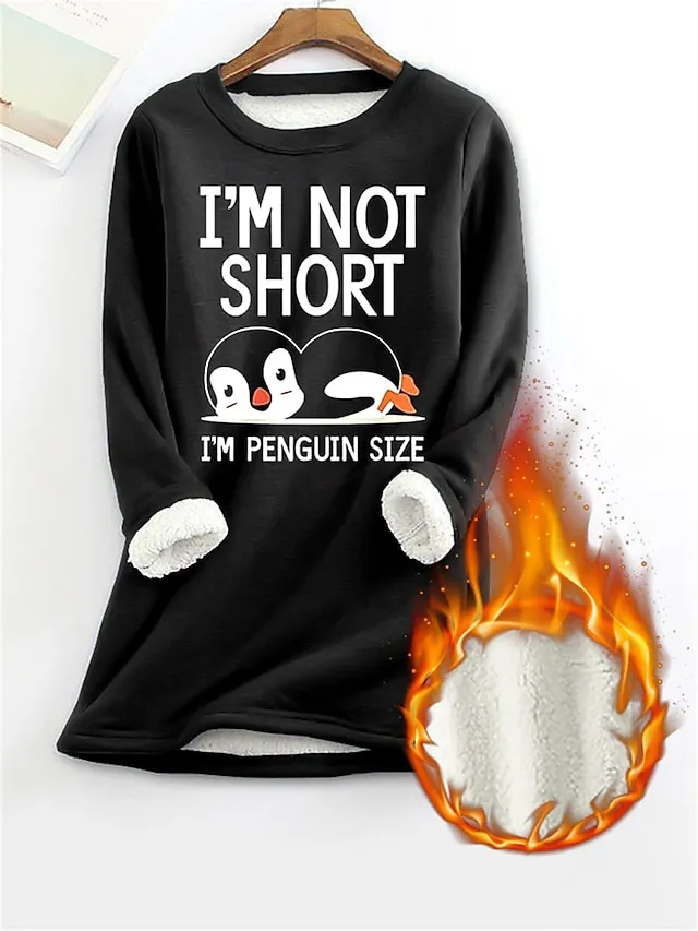 Women's Thermal Shirt Letter Penguin Warm Comfort Soft Home Daily Bed Fleece Warm Breathable Crew Neck Long Sleeve Fall Winter Black Pink