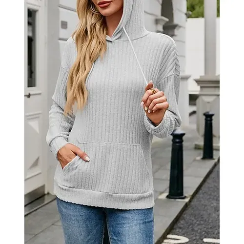 Women's Texture Sweatshirt Waffle Sweatshirt  Pullover Hoodie Sweatshirt Plain Streetwear Casual Long Sleeve Hooded Regular Tops Street Holiday Going out Buttons Black White Pink Wine Fall Winter