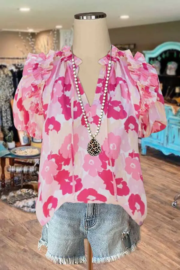 Floral Print Puff Sleeve Ruffle V-Neck Top