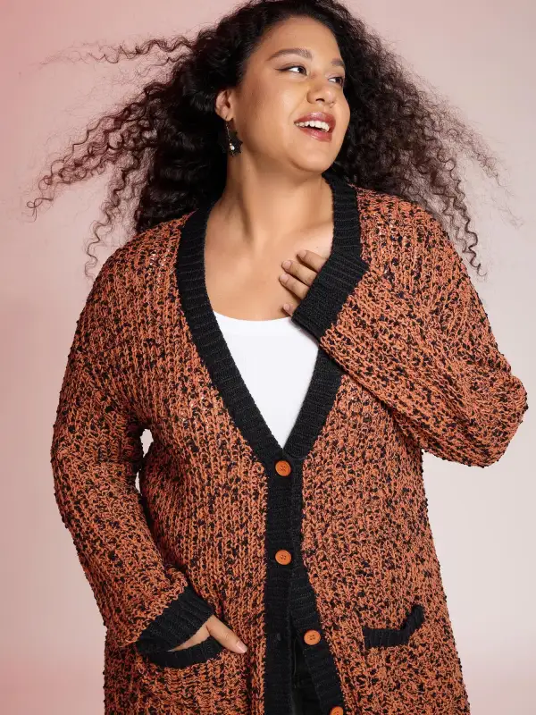 Textured Color Contrast Edges Pockets Cardigan