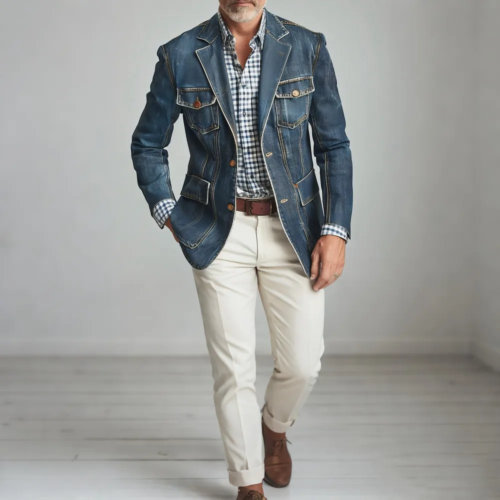 Men's Vintage Denim Notch Lapel Two Button Flap Pockets Long Sleeve Blazer