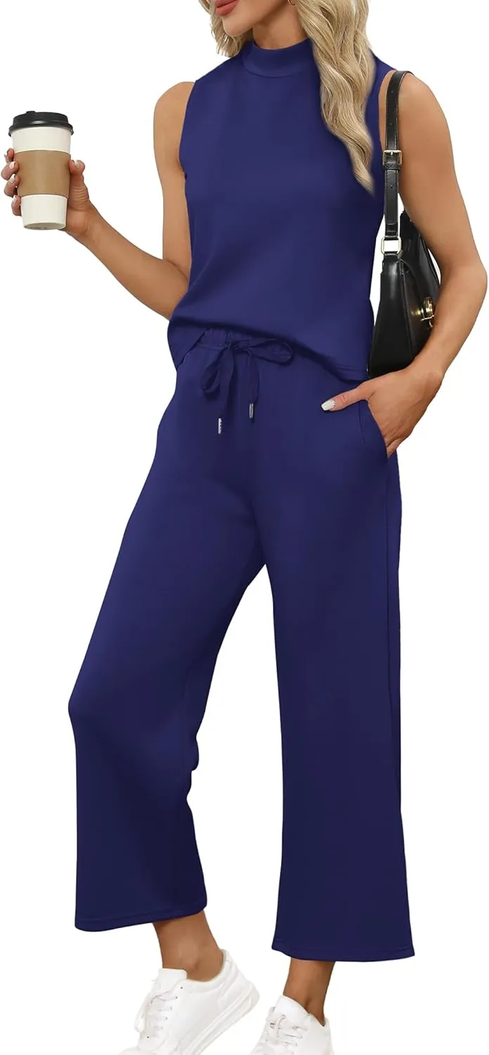 Two Piece Sets for Women Summer Outfits Lounge Sets Mock Neck Tops Wide Leg Crop Pants Vacation Travel Outfits