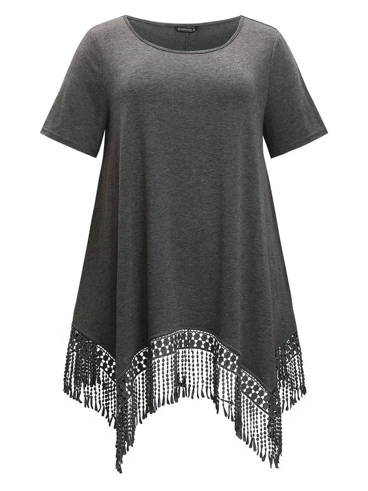 Solid Round Neck Lace Fringe Hem T-shirt