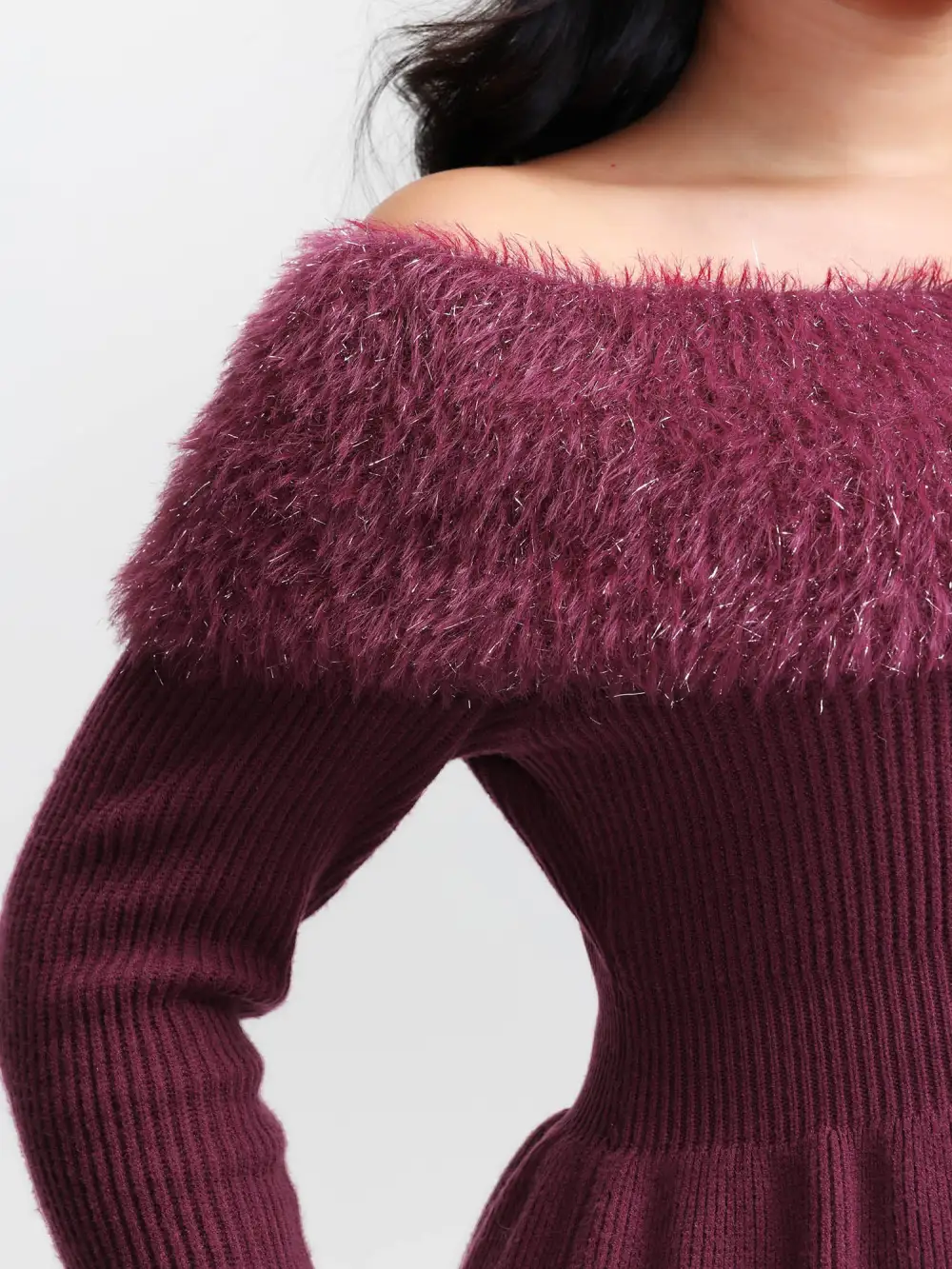 Sparkly Fur Off-Shoulder A-Line Pullover