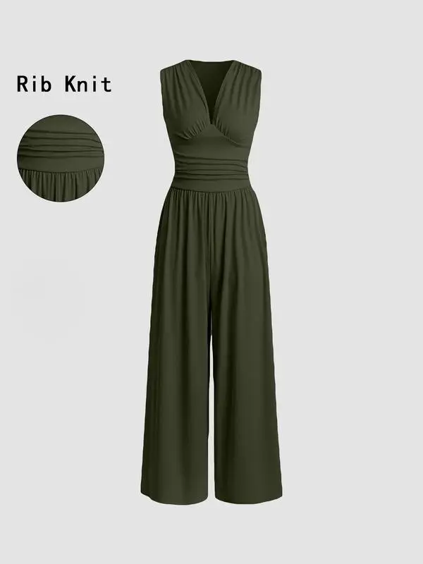 Women's Sleeveless Ruched V-Neck Ribbed Jumpsuit – Minimalist Wide-Leg One-Piece