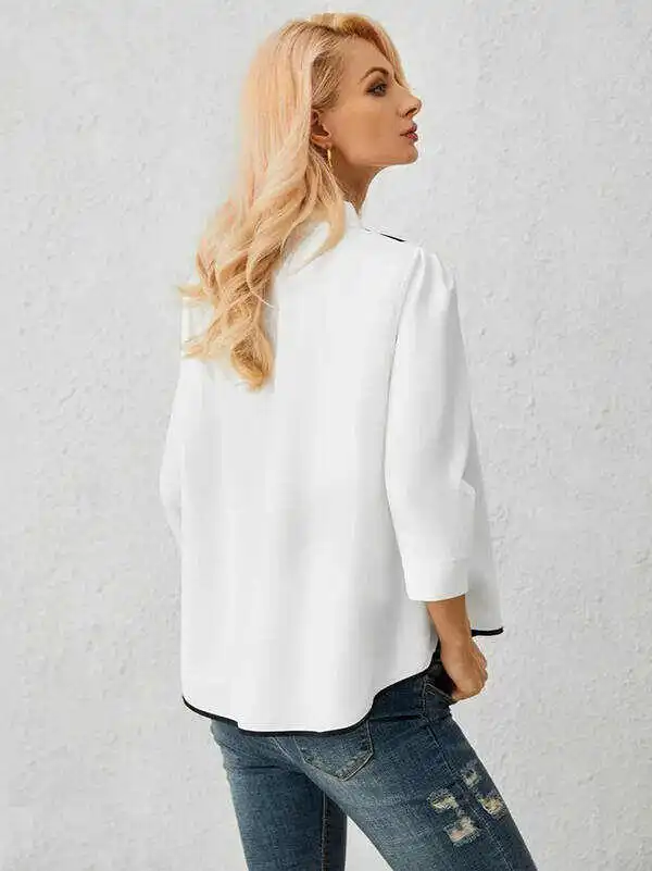 Casual Three-Quarter Sleeves Figure Buttoned Printed Stand Collar Blouses&Shirts Tops