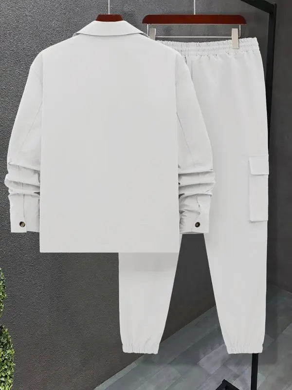 Men's Solid Color Pocket Button Front Jackets & Pants Two-Piece Set