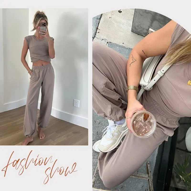 Women’s 2-Piece Tracksuit – Crop Top & Jogger Pants with Pockets | Minimalist Sportswear