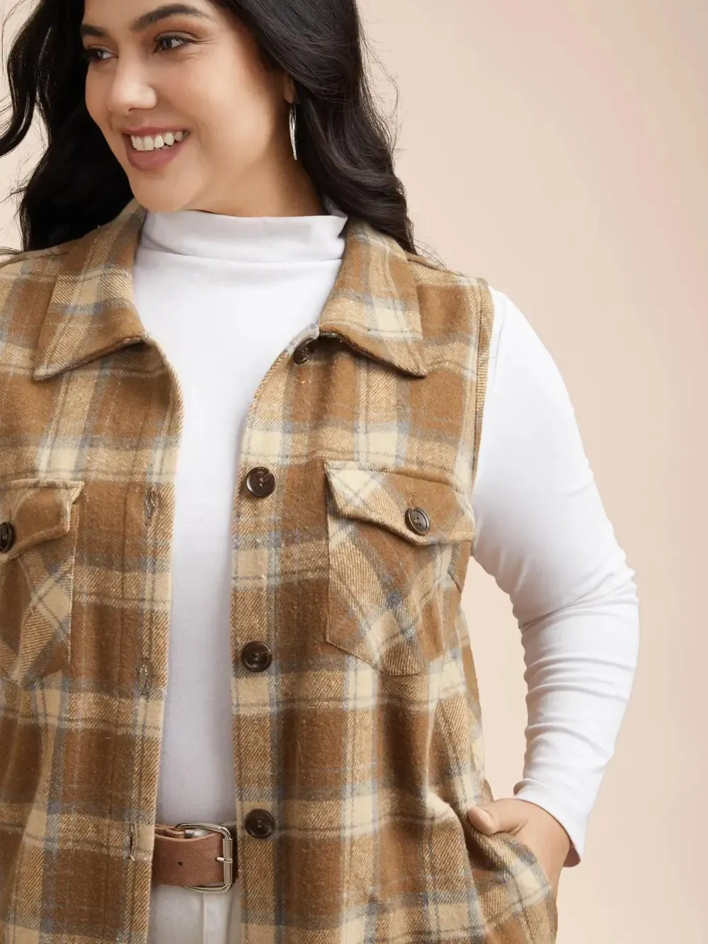 Plaid Flap Detail Sleeveless Jacket