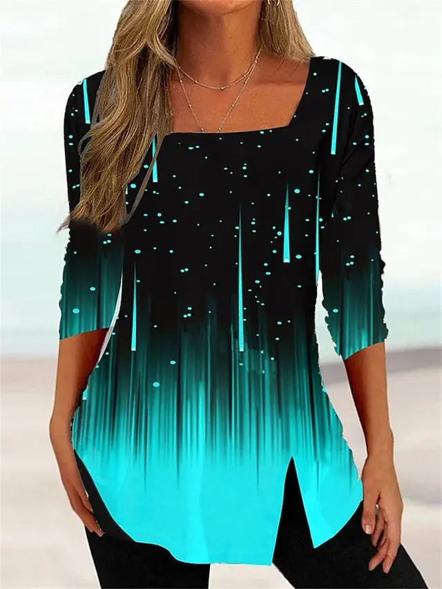 Women's T shirt Tee Black Blue Green Color Gradient Print 3/4 Length Sleeve Daily Weekend Basic Square Neck Regular Painting S