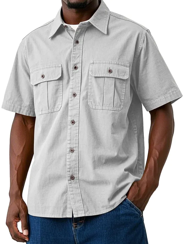 Men's Casual Workwear Double Pocket Solid Color Short-sleeved Shirt