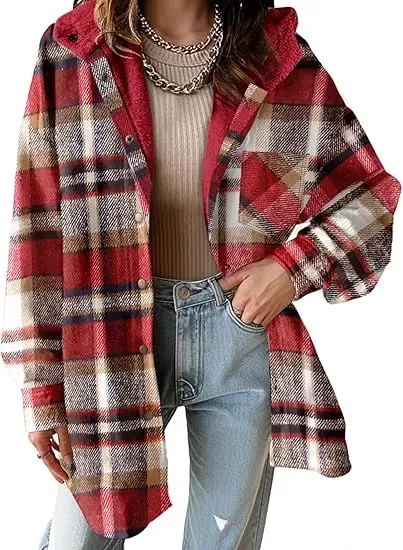 Flannel Hooded Plaid Shacket - Button-Down Thick Fleece-Lined Fuzzy Winter Coat
