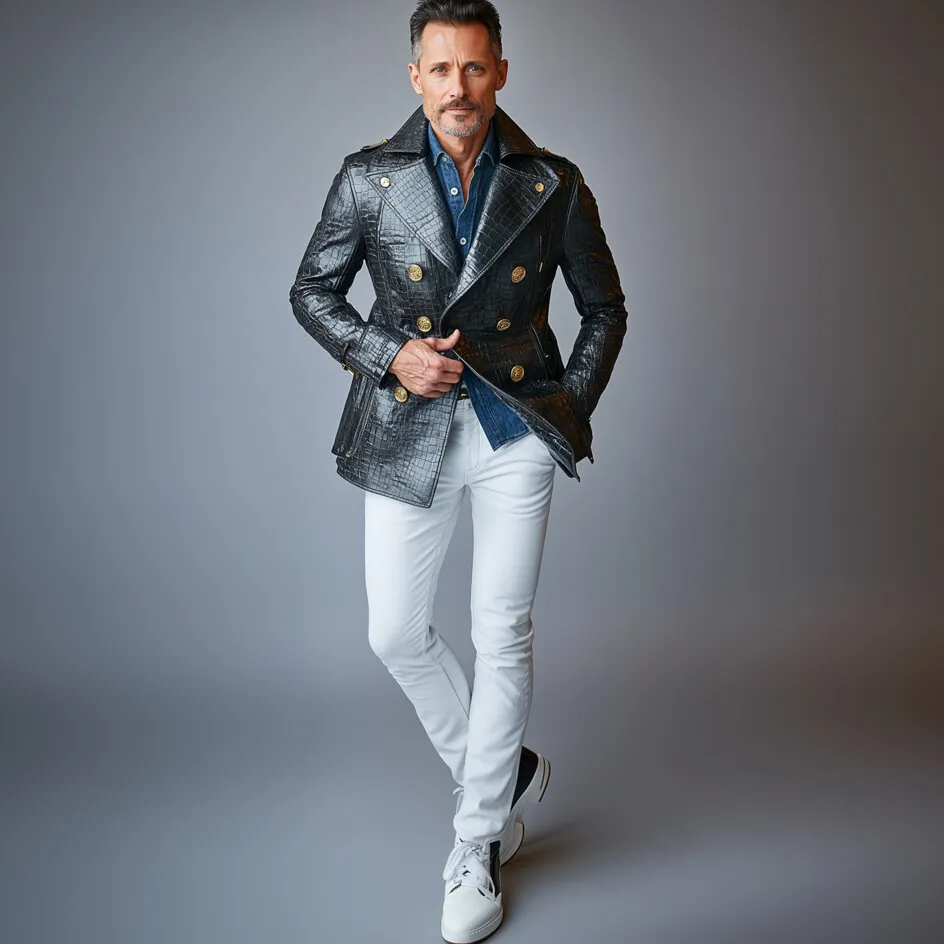 Men's Fashion PU Leather Crocodile Pattern Lapel Collar Double Breasted Jacket