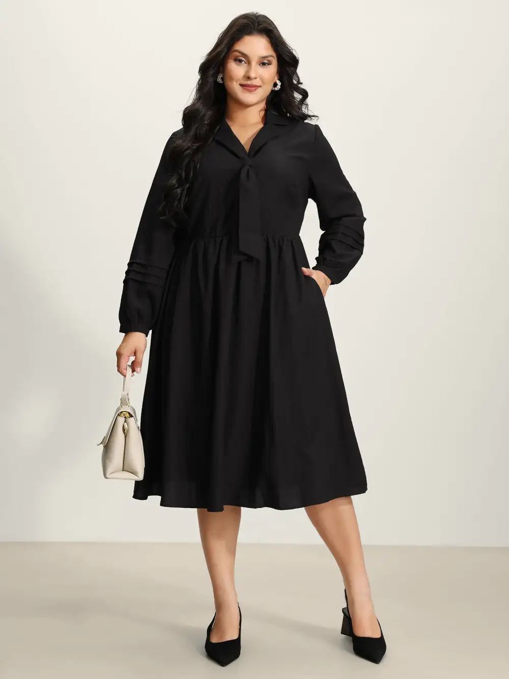 Blazer Collar Pleated Sleeve Rayon Midi Dress