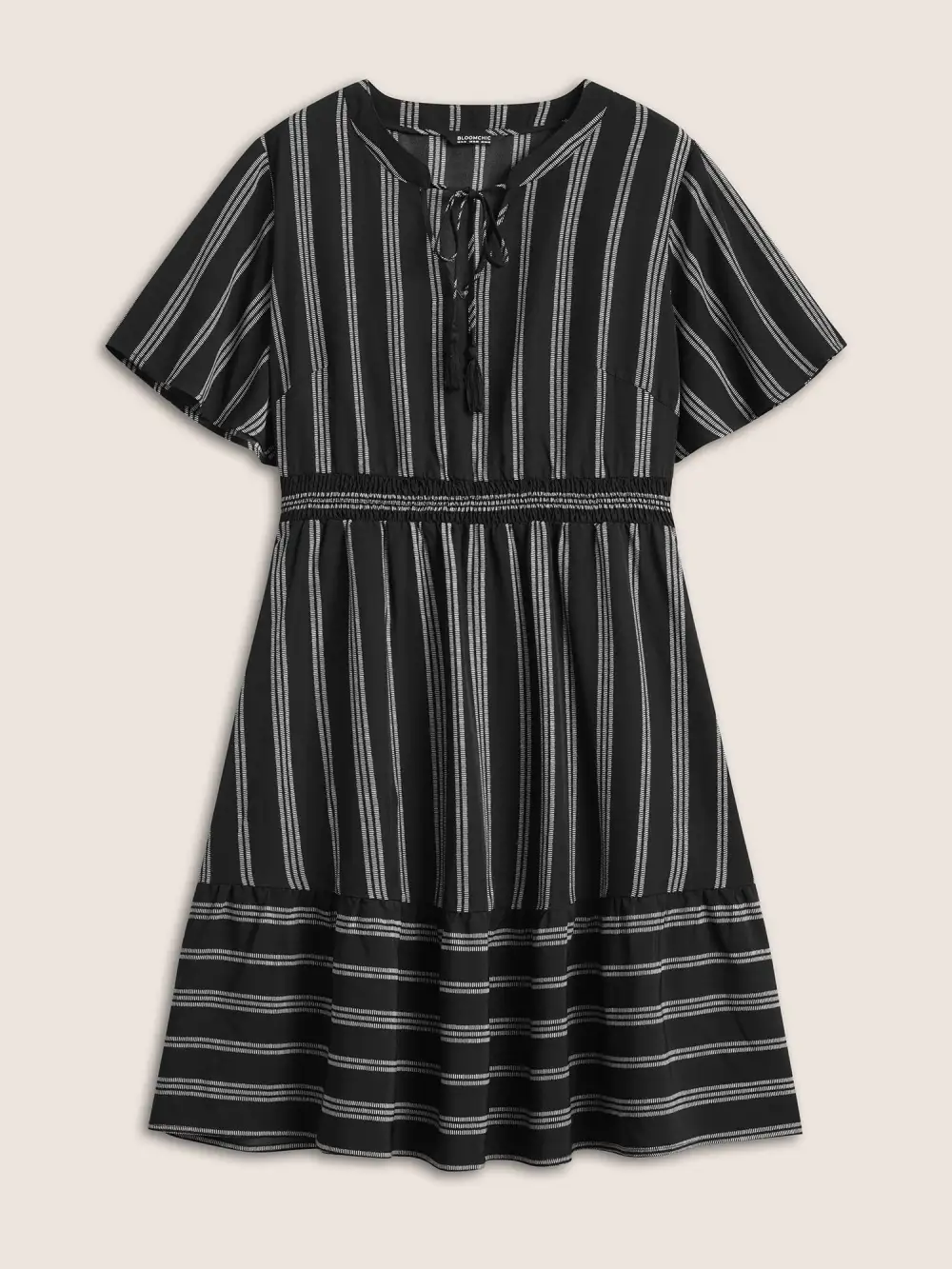 Striped Patchwork Tassels Ties Shirred Dress