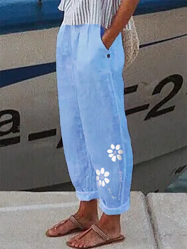 Casual FLoral Baggy Cotton Linen Cropped Pant