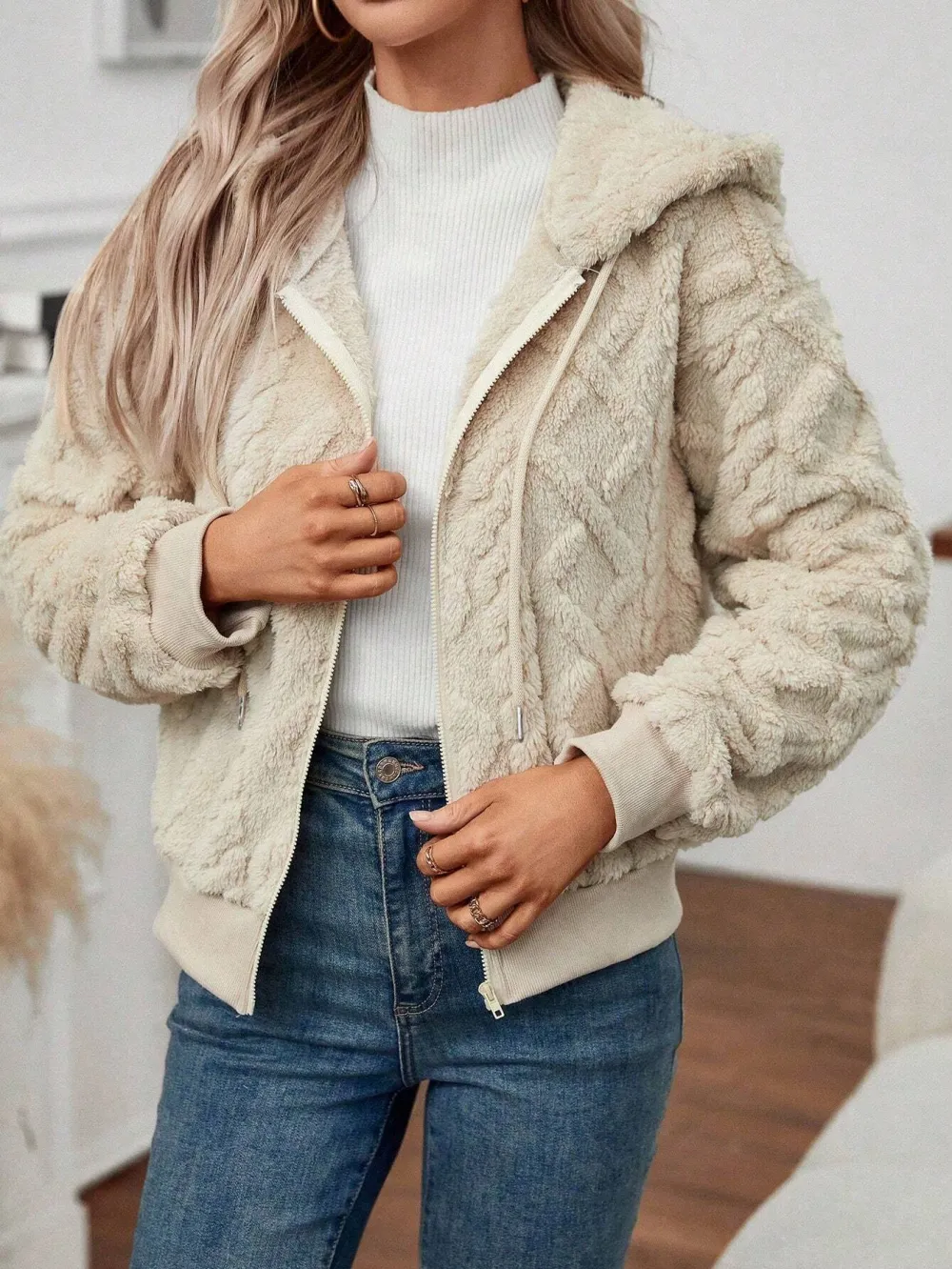 Women's Black Textured Plush Hooded Jacket