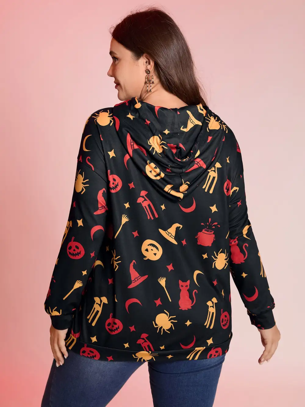 Witchy Pumpkin Print Neck Tie Hoodie