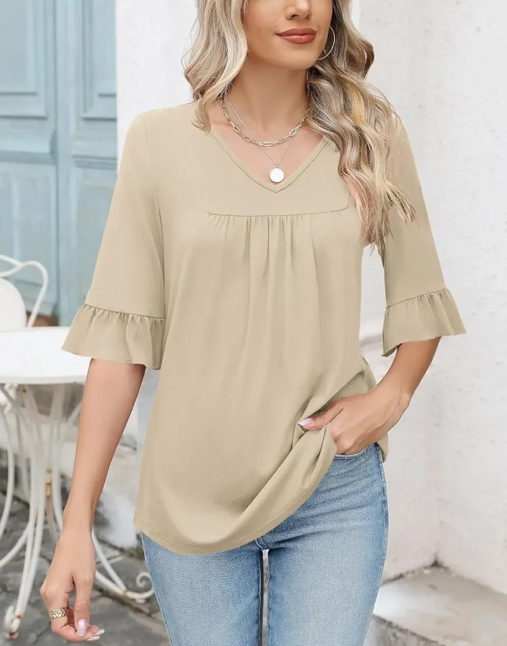 ✨WOMENS 3/4 LENGTH SLEEVE V-NECK CASUAL RUFFLE SLEEVE TUNIC BLOUSES