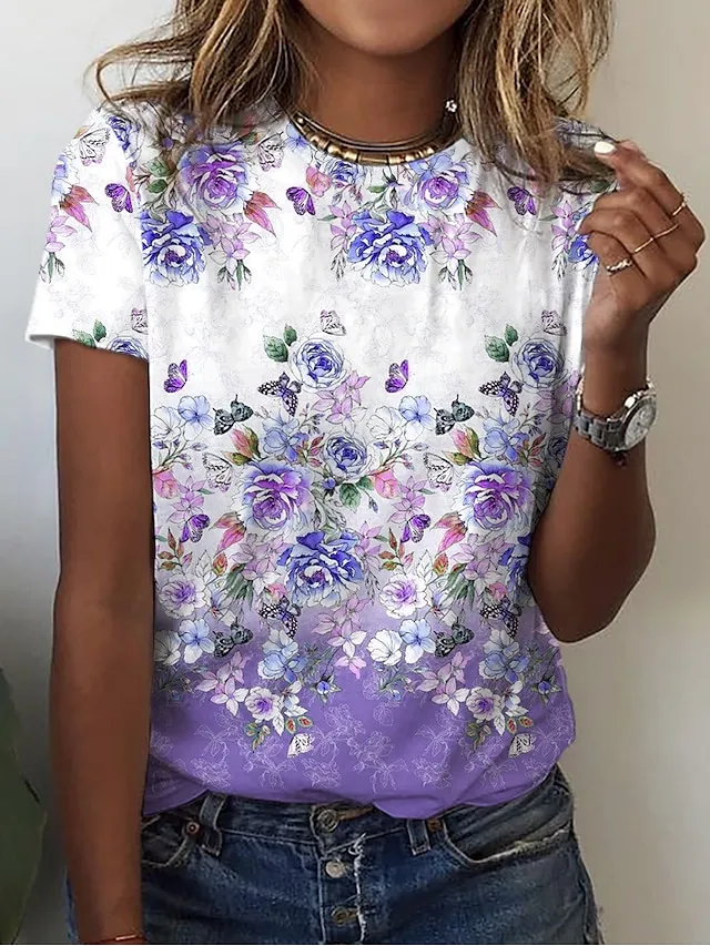 Women's T shirt Tee Black Pink Purple Graphic Butterfly Print Short Sleeve Daily Weekend Basic Vintage Round Neck Regular Butterfly Painting S