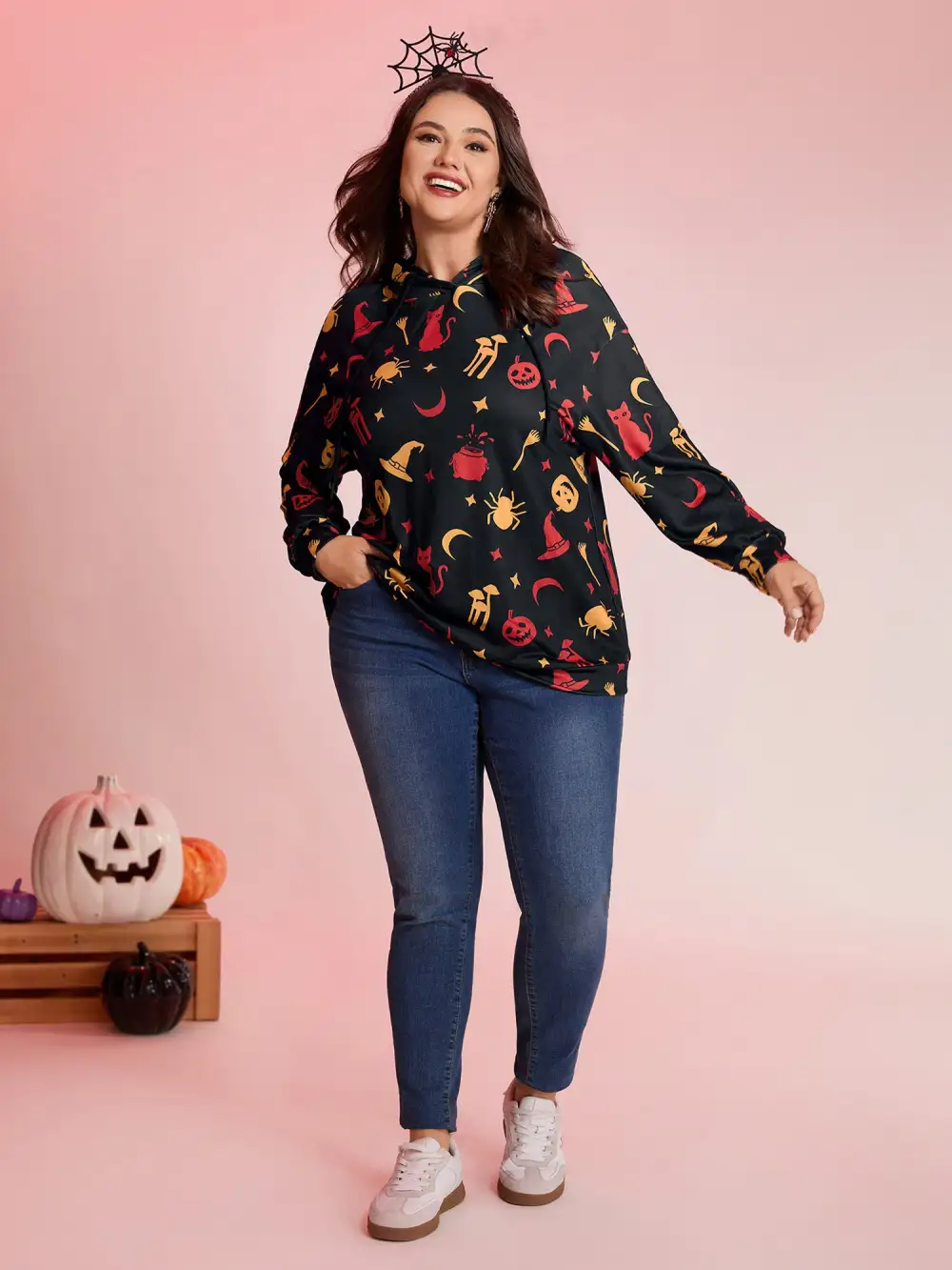 Witchy Pumpkin Print Neck Tie Hoodie