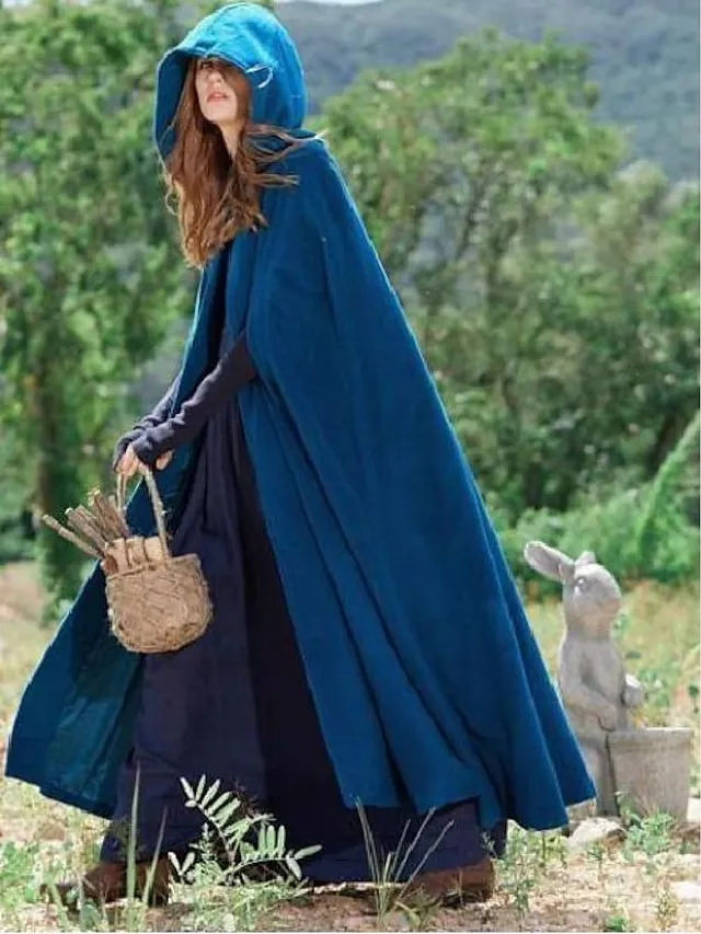 Women's Winter Coat Cloak / Halloween Xmas Capes Long Layered Coat Warm Windproof Overcoat Fall Single Breasted Hooded Coat Green Black Blue Gray Christmas Crewneck S M L XL / Winter