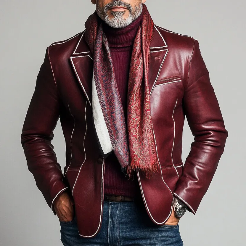 Men's PU Leather Lapel Single Breasted Contrast Binding Blazer