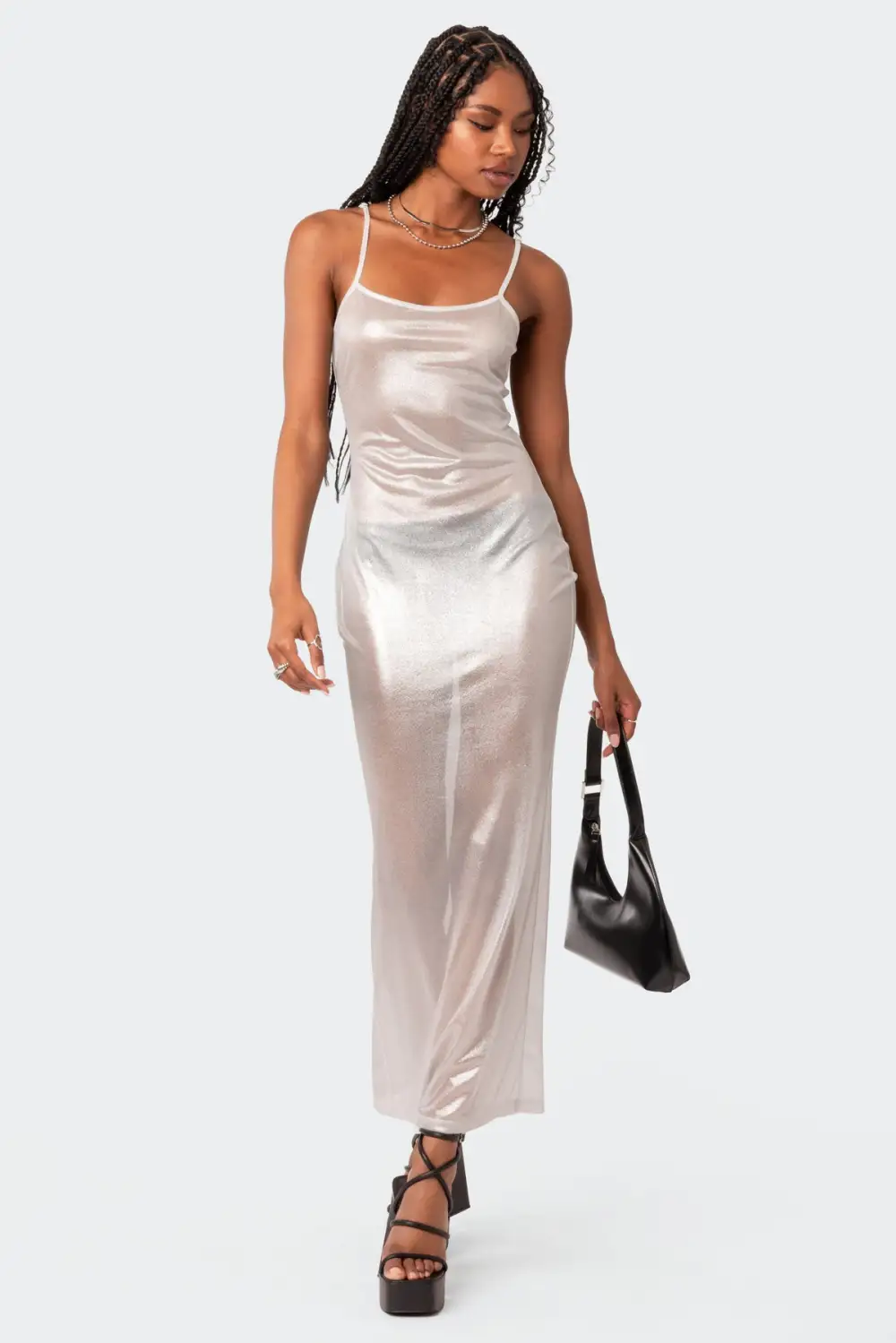 Nyla Sheer Glittery Back Slit Maxi Dress