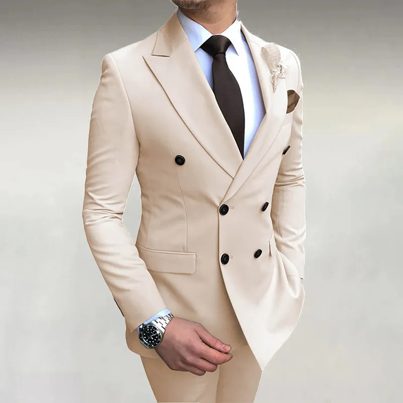 Men's Business Solid Double-Breasted Pocket Lapel Collar Lapel Blazer& Pants 2Pcs Set