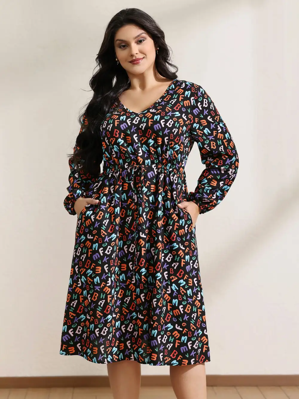 Alphabetical Print Drawstring Adjustable Waist Midi Dress