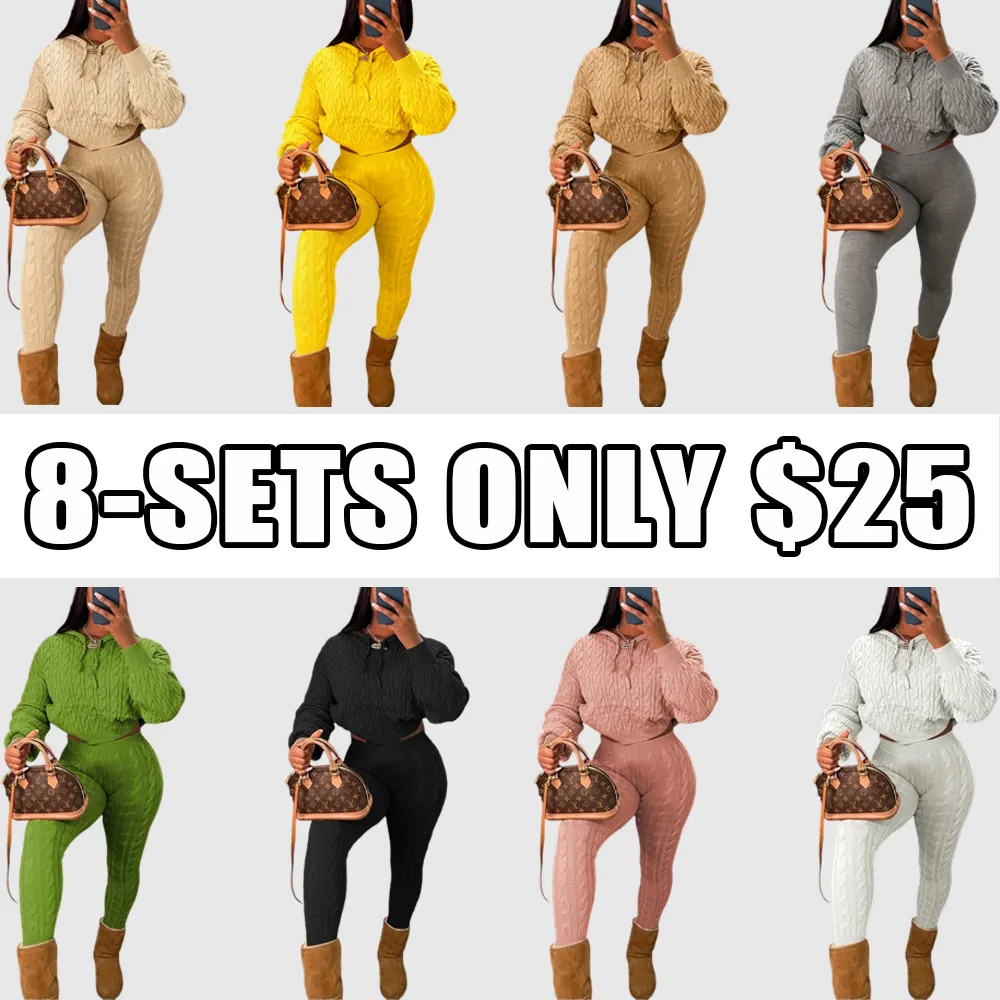 Two-piece Set Women's Solid Drop Shoulder Cable Knit Crop Sweater & High Waist Pants