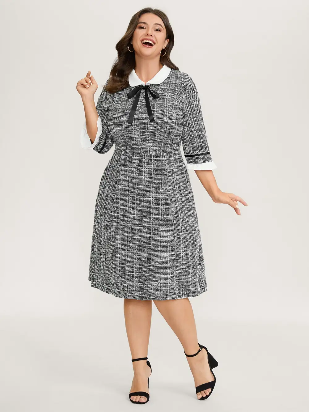 Tweed Knit Doll Collar Pockets Midi Dress