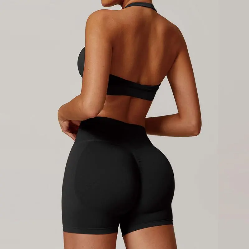 Women's Backless Halter Crop Top & High Waist Shorts Activewear Set