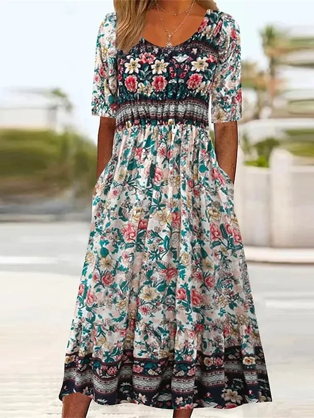 Women's Casual Dress Summer Dress Boho Dress Floral Ruched Pocket Crew Neck Midi Dress