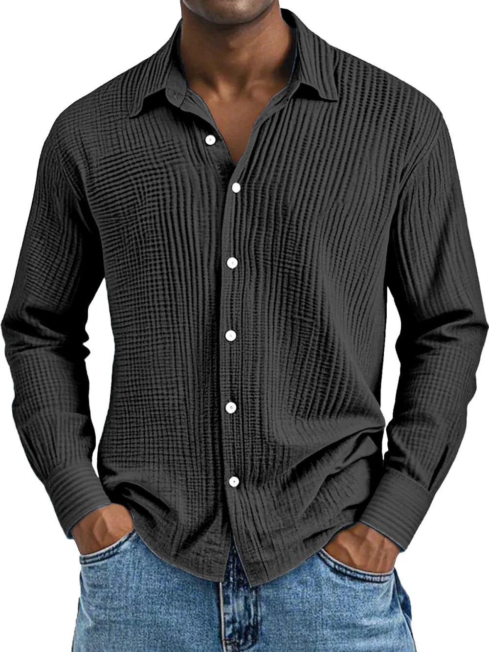Men's Daily Casual Solid Color Pure Cotton Pleated Texture Long-sleeved Shirt