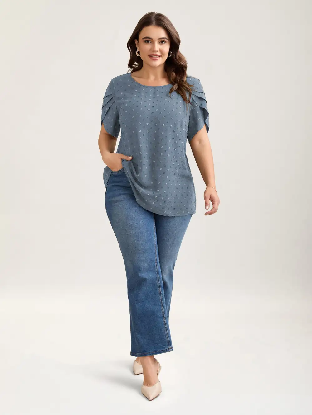 Textured Color Contrast Petal Sleeve Blouse