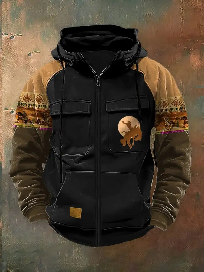 Men's Casual Retro Western Contrast Color Zipper Multifunctional Jacket