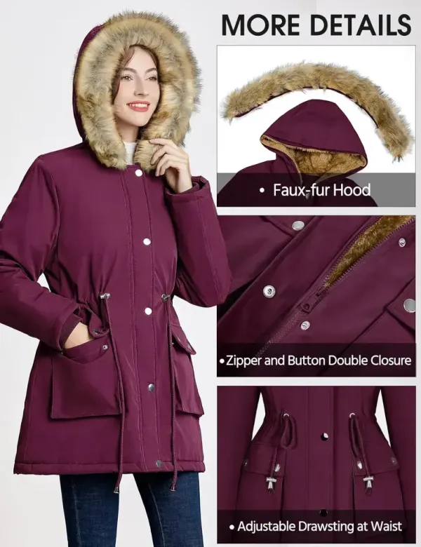 Women Winter Coats Fleece Lined Parka Jackets Hooded Warm Thicken Coat With Pockets and Fur Hood Trendy Overcoat