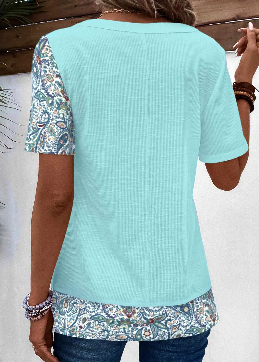 Patchwork Floral Print V Neck T Shirt